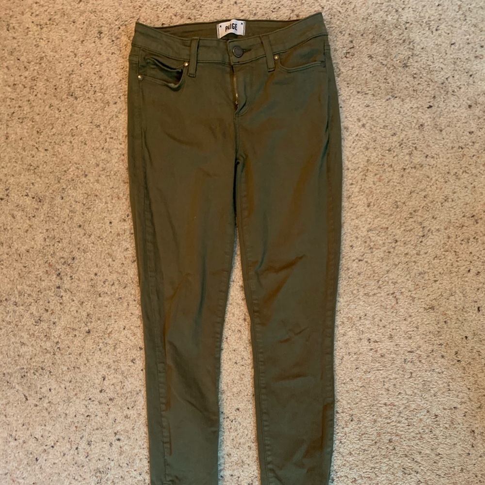 Paige olive green stretch skinny jeans